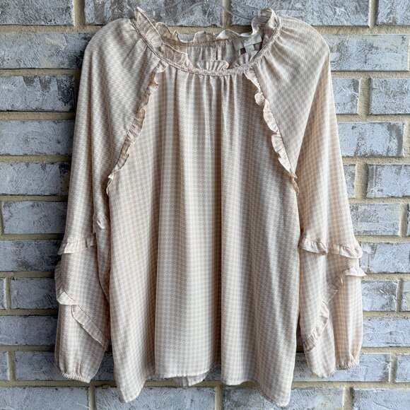 LOFT Tops - Loft Ruffled Long Sleeve Round Neck Beige/Cream Houndstooth Blouse Size L